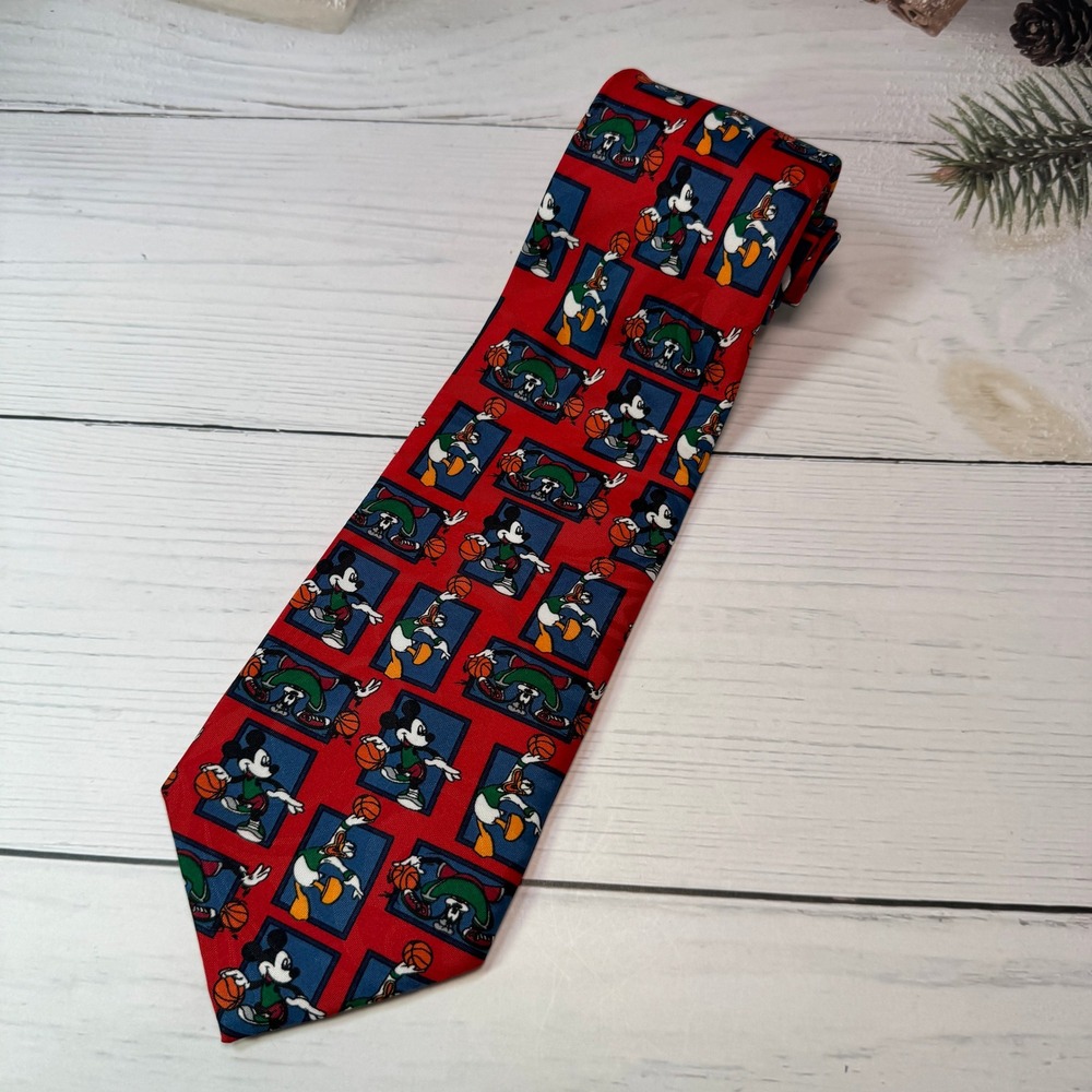 VTG Mickey Unlimited Necktie Mens Red Basketball Disney 90s Novelty Tie Retro
